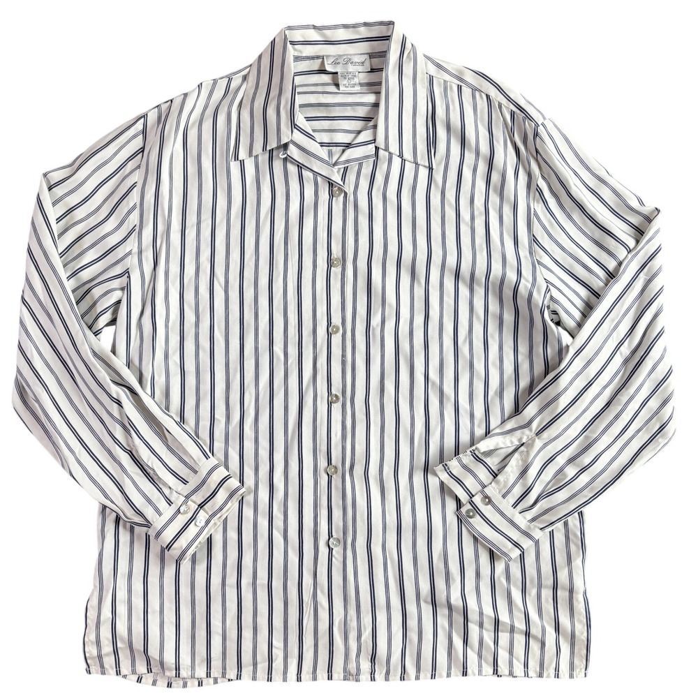 Lee David Collection Womens Large‎ White Navy Blue Striped 100% Pure Silk Shirt